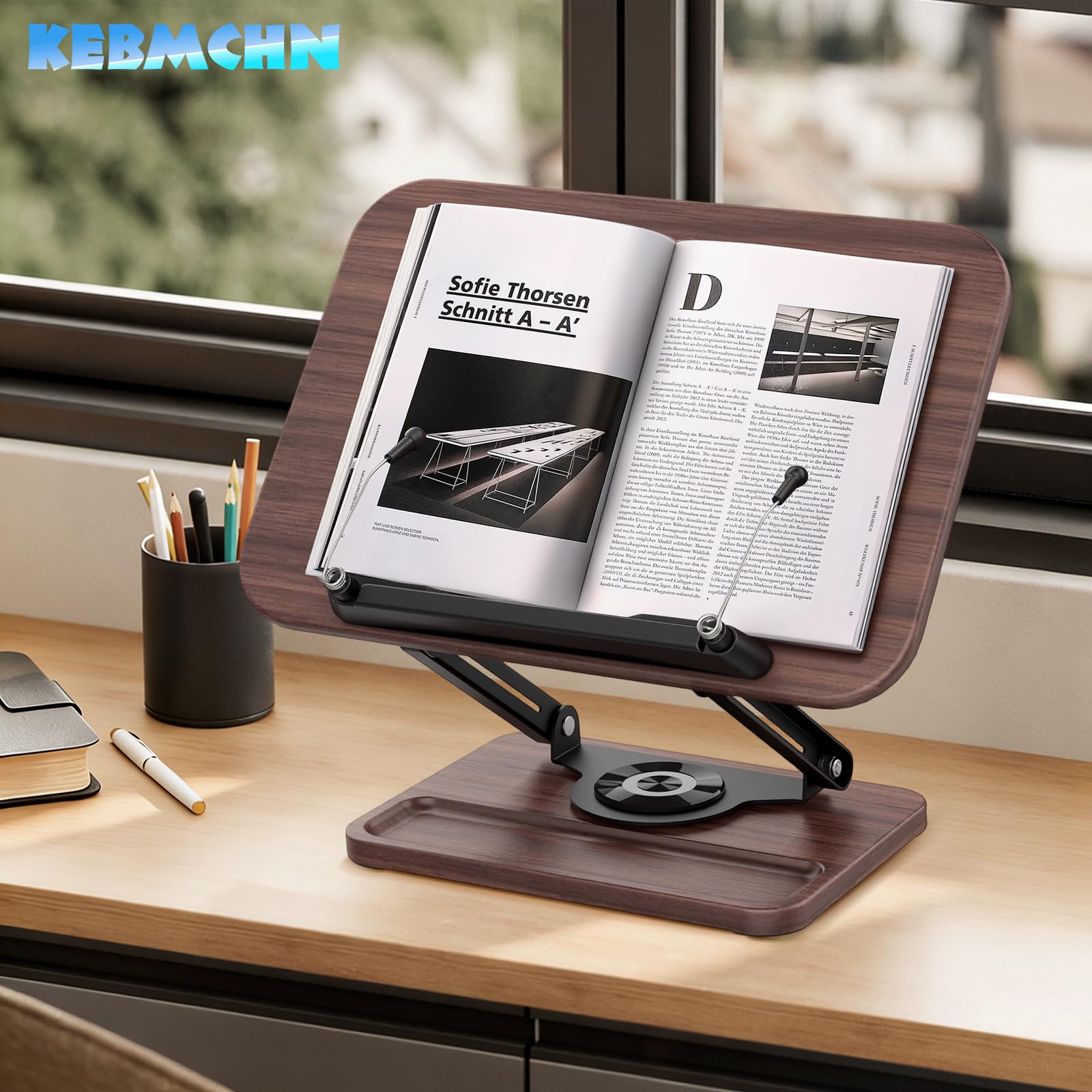 Support de Lecture en Bois, Base Pivotante 360°, Hauteur Réglable | Porte-Livre pour Livres de Cuisine, Manuels Scolaires, Ordinateur Portable, Partitions Musicales