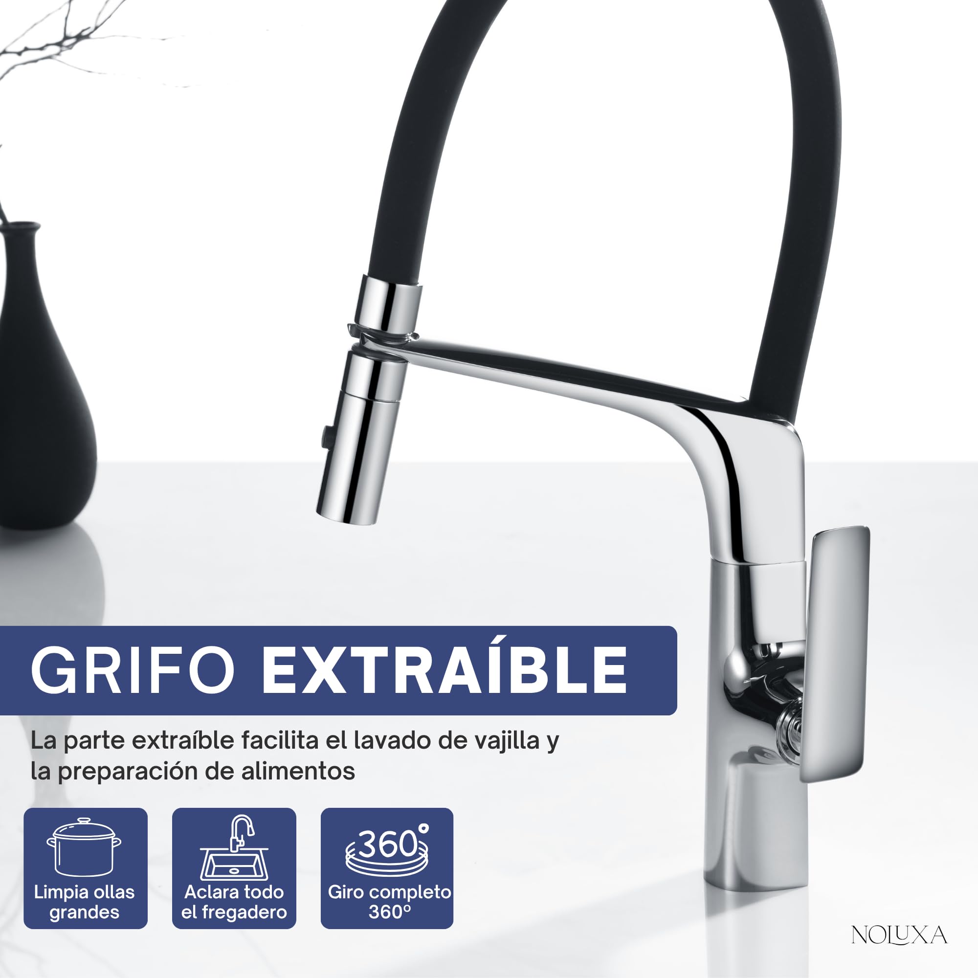 IMEX - Robinet Cuisine Extractible | Robinet Monocommande Évier avec Diffuseur | Robinetterie Cuisine avec Douche Flexible 360º | Robinetterie en Laiton | Série Lanzarote | Couleur Chromé