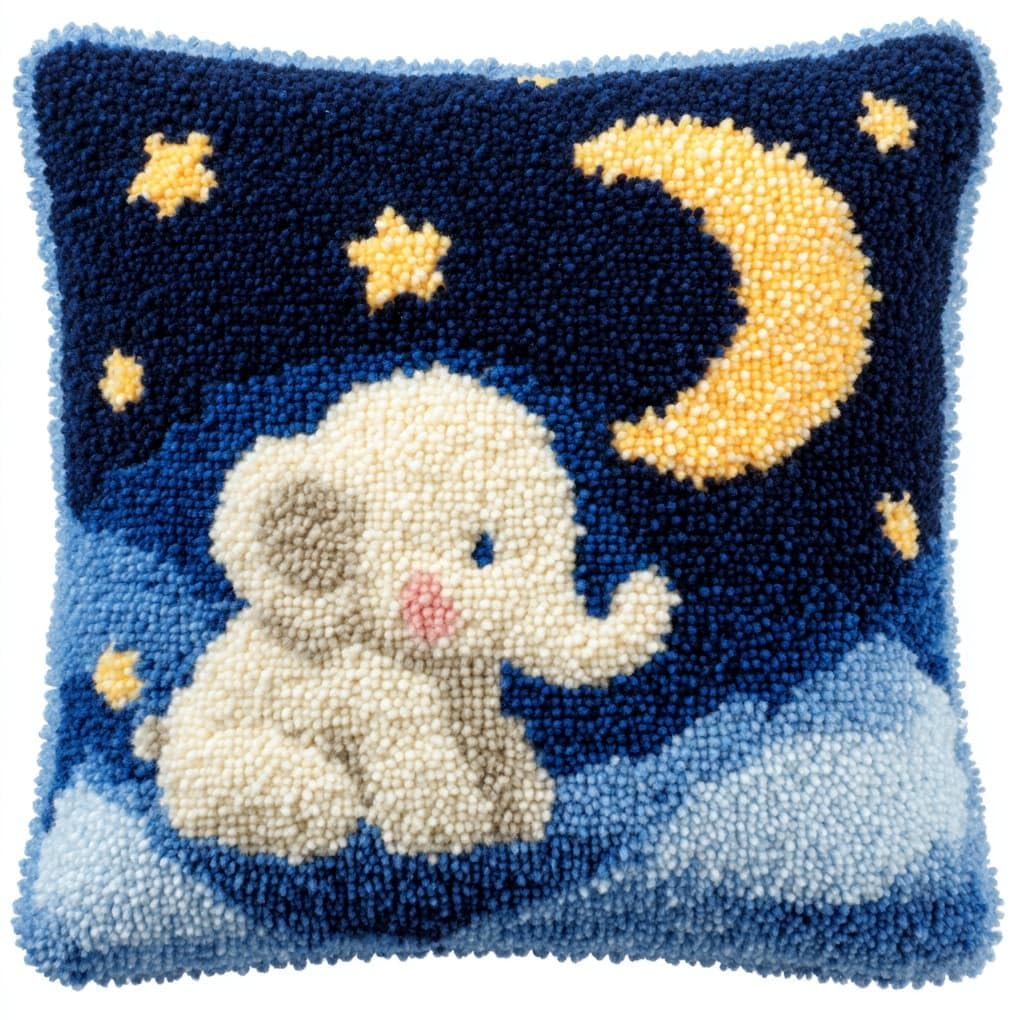 Henypt Latch Hook Pillow Kit 43x43cm,The Little Elephant on the Moon Embroidery Cushion Set for Home Interior,Relaxing Hobby for Adults & Craft Beginners