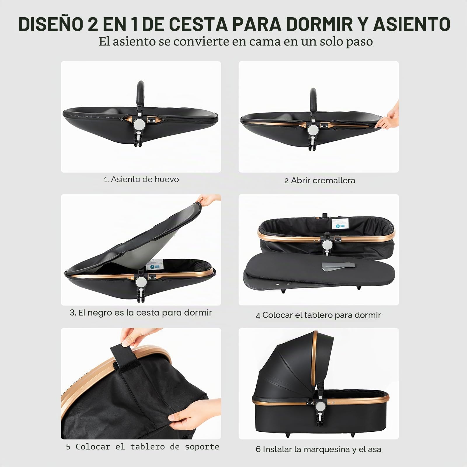 Cuero PU Carrito Bebe 3 en 1, Carrito Bebe con Asiento Ajustable Rotación de 360°, Carro Bebes 3 Piezas con Diseño Plegable de Un Clic, Cochecito Tres Piezas con Accesorios (906 Black)