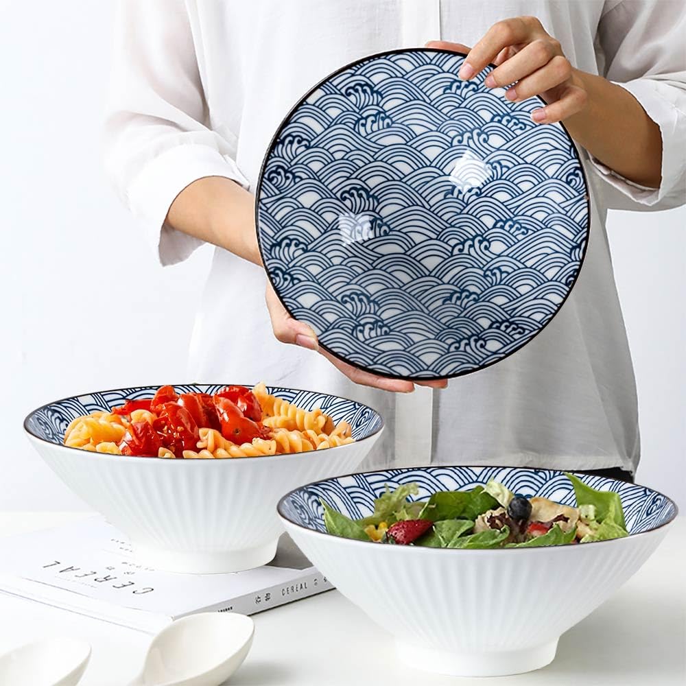 QINLANG Juego de 6 cuencos japoneses para ramen de 38 onzas, cuencos Pho Bowls, cuencos de sopa de cerámica azul y blanca de 8 pulgadas, patrón de ondas