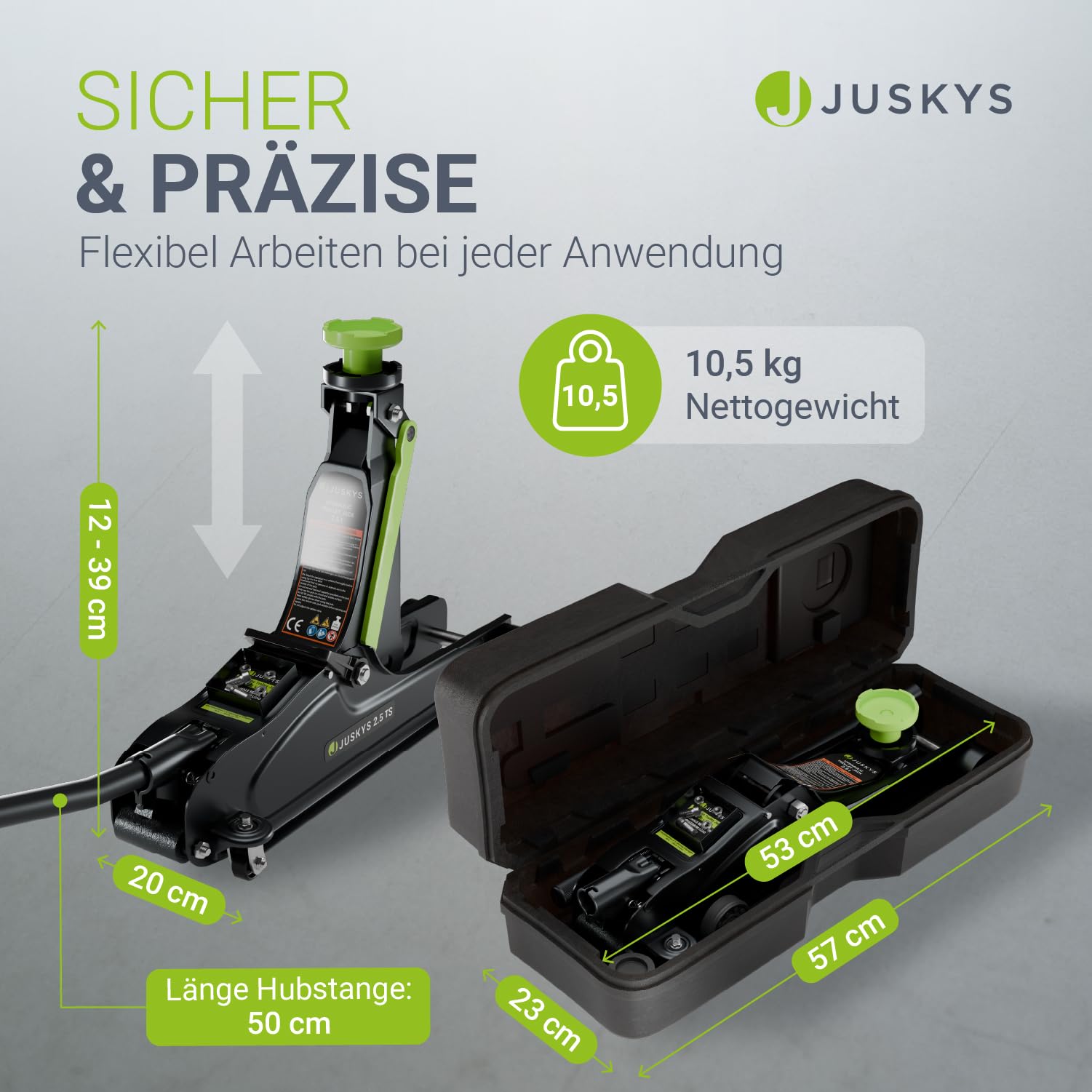 Juskys Wagenheber 2,5 t – Hydraulischer Rangierwagenheber aus Stahl 85–390 mm, mit Transportbox, Gummiauflagen & Zubehör – Schwarz/Grün