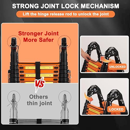 Miniatura 2 de Escalera telescópica de marco A de 12.5 pies con plataforma de herramientas y barra estabilizadora, escaleras telescópicas de aluminio mejoradas con