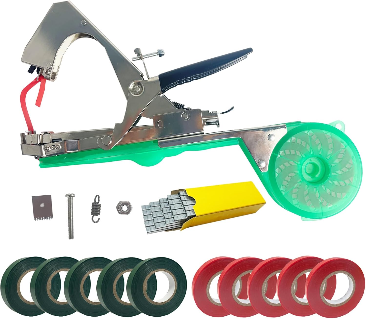 Plant Strapping Machine, Tomato, Cucumber, Grape, Vegetable, Fruit Tree Strapping Machine Equipped with 10 Rolls of Tape, Staples, and Replacement Blades (Green)