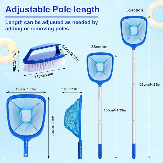Swimming Pool Skimmer with Small Brush , Deep Pond Fish Net With Ajustable Thick Metal Pole, Pool Cleaning Kit Accessories for Pond Pool Hottub Spa Koi Tank Scoop Out Leaves Twigs Hairs Bugs Debris