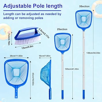 Swimming Pool Skimmer with Small Brush , Deep Pond Fish Net With Ajustable Thick Metal Pole, Pool Cleaning Kit Accessories for Pond Pool Hottub Spa Koi Tank Scoop Out Leaves Twigs Hairs Bugs Debris