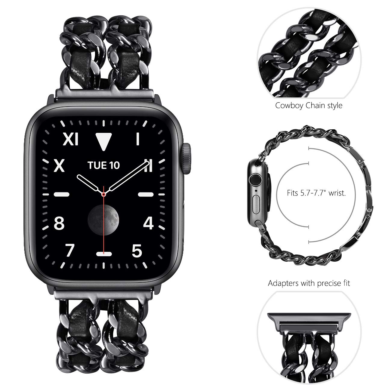 NewWays Compatible for Apple Watch Band Series 8 Series 7 41mm 40mm SE Series 6 5 4 3 38mm Jewelry Bracelet for iWatch Band Womens, Black Link with Black Leather