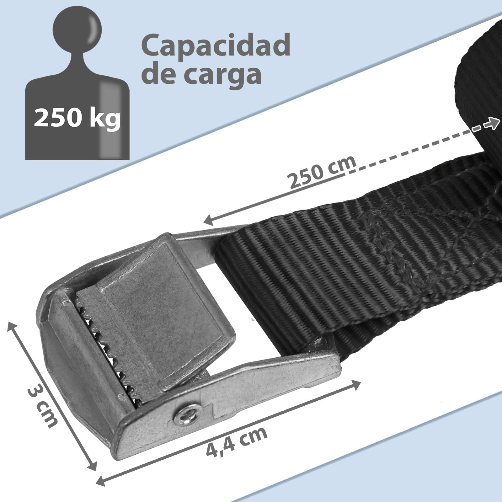 Correa de Amarre con Hebilla 250 kg DIN EN 12195-2, Negro, 10 Piezas 2.5 cm x 2.5 m