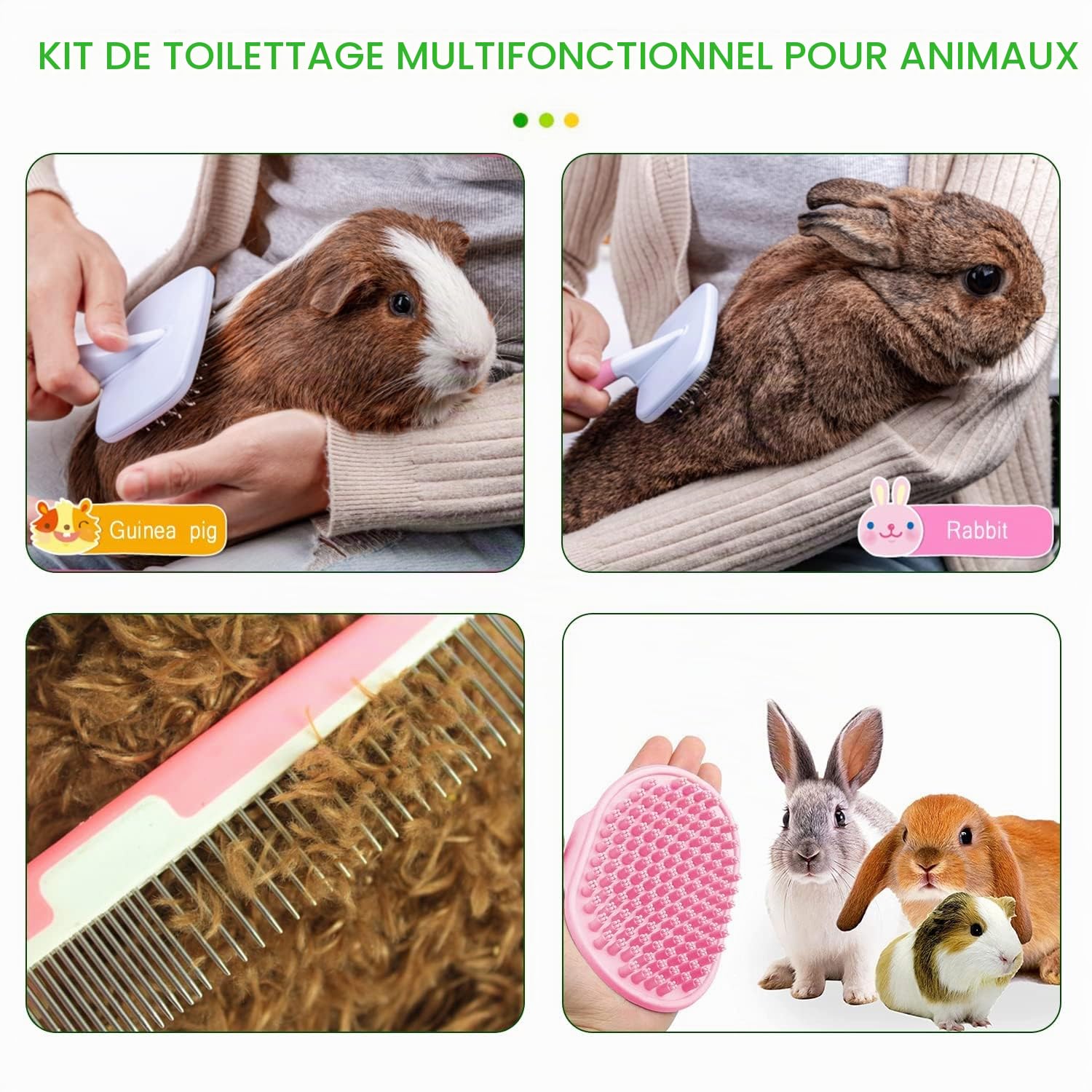 Kit de toilettage pour Petits Animaux de Compagnie, Brosse de toilettage pour Animaux de Compagnie, Gant de Massage, Peigne de toilettage pour Animaux de Compagnie, Coupe-Ongles, Lapin,