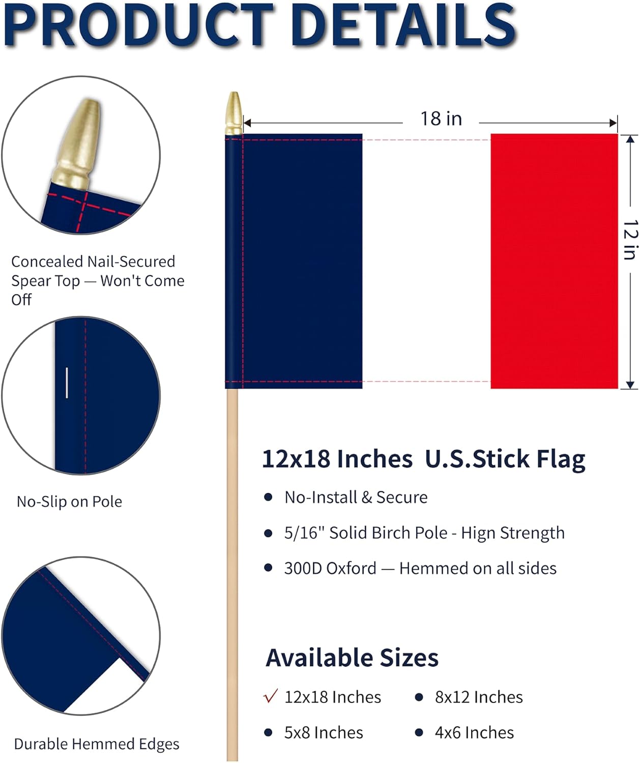 Heavy Duty 12 Pack 12x18 Inch Large French Flags on Stick 35” Tall France Stick Flags Durable Break-Resistant 5/16” Birch Pole 300D Oxford Fabric Bastille Day Armistice Day Yard & Festival Decorations
