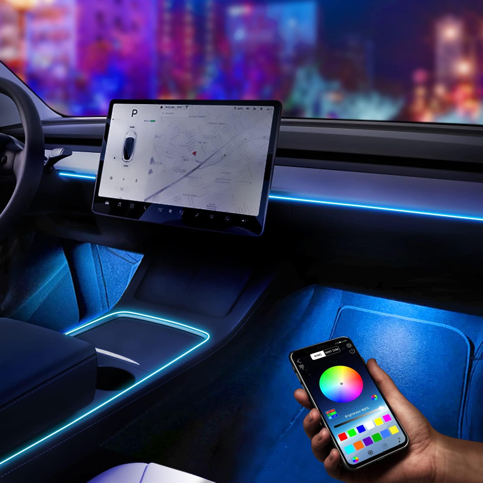 SUMK Tesla Model Y Model 3 Neon Accent Light Tubes Smart Ambient RGB Interior LED Strip Lighting Lamp with Automatic On/Off 2022 Long Range & Performance Upgrade (Center Console + Dashboard)