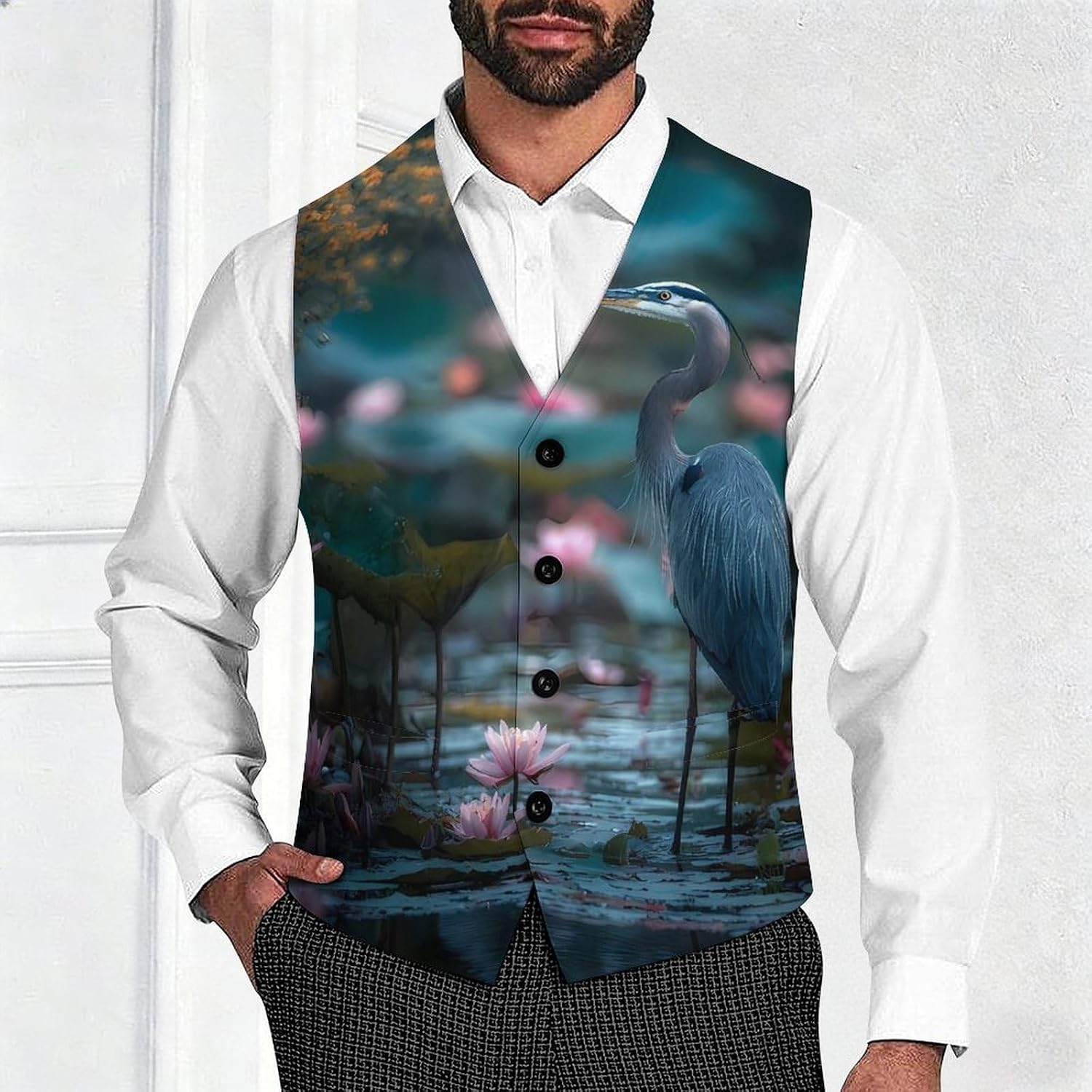Blue Heron Heron in The Pond Men's Suit Vest Formal Vests Casual Dress Fit Waistcoat Casual Tuxedo for Business