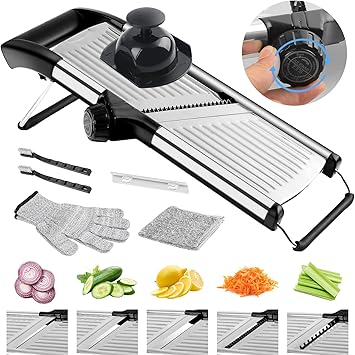 commercial Mandoline Slicer,Stainless Steel Vegetable Slicer,non-slip mandoline slicer for kitchen,Keto,Potato,cucumber,4 Blades & Cut-Resistant Gloves(Includes Brush & Cloth).