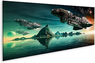 islandburner Bild auf Leinwand Space Wars Futuristische Scifi Kampf Raumschiffe Schweben Über Ozean Außerirdisc Bilder Wandbilder Poster