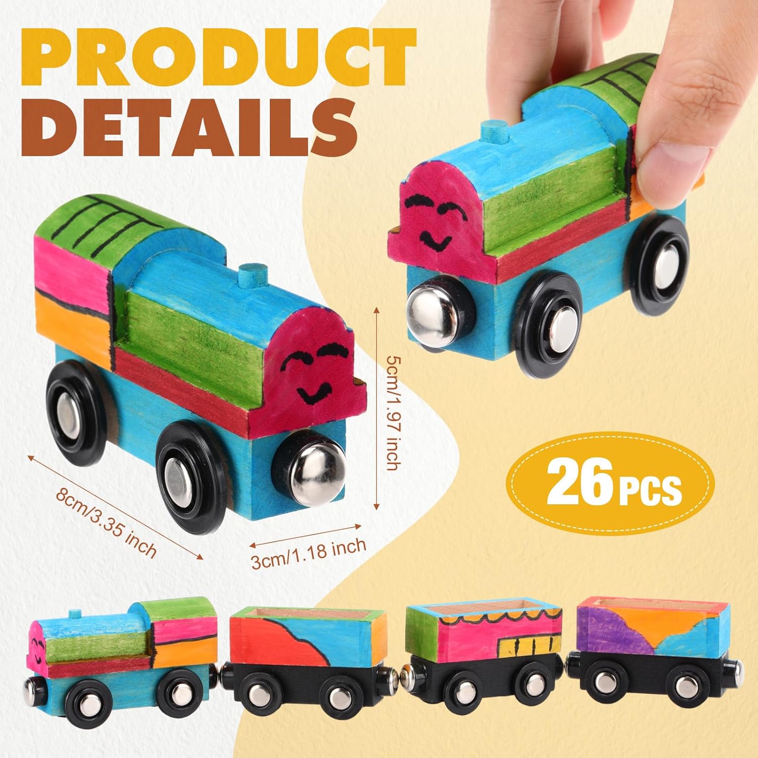 Lenwen 26 Pcs Unpainted Magnetic Wooden Trains Cars Unfinished Party Favors Wood Train Set for Birthday Party Supplies Paint Project Craft DIY Decorations(Load Style)