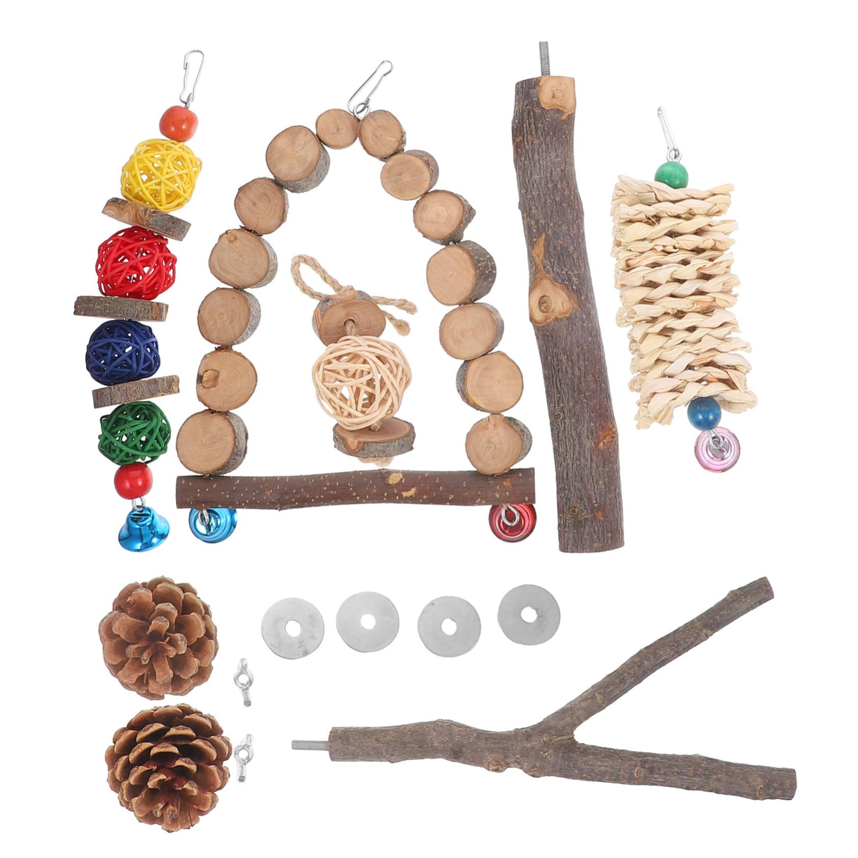 WOONEKY Vogelspielzeug Set Aus Apfelholz Für Papageien Und Wellensittiche Teiliges Kauspielzeug Mit Bunten Perchen Und Haken Für Vogelkäfige Fördert Das Kauen Aktivität