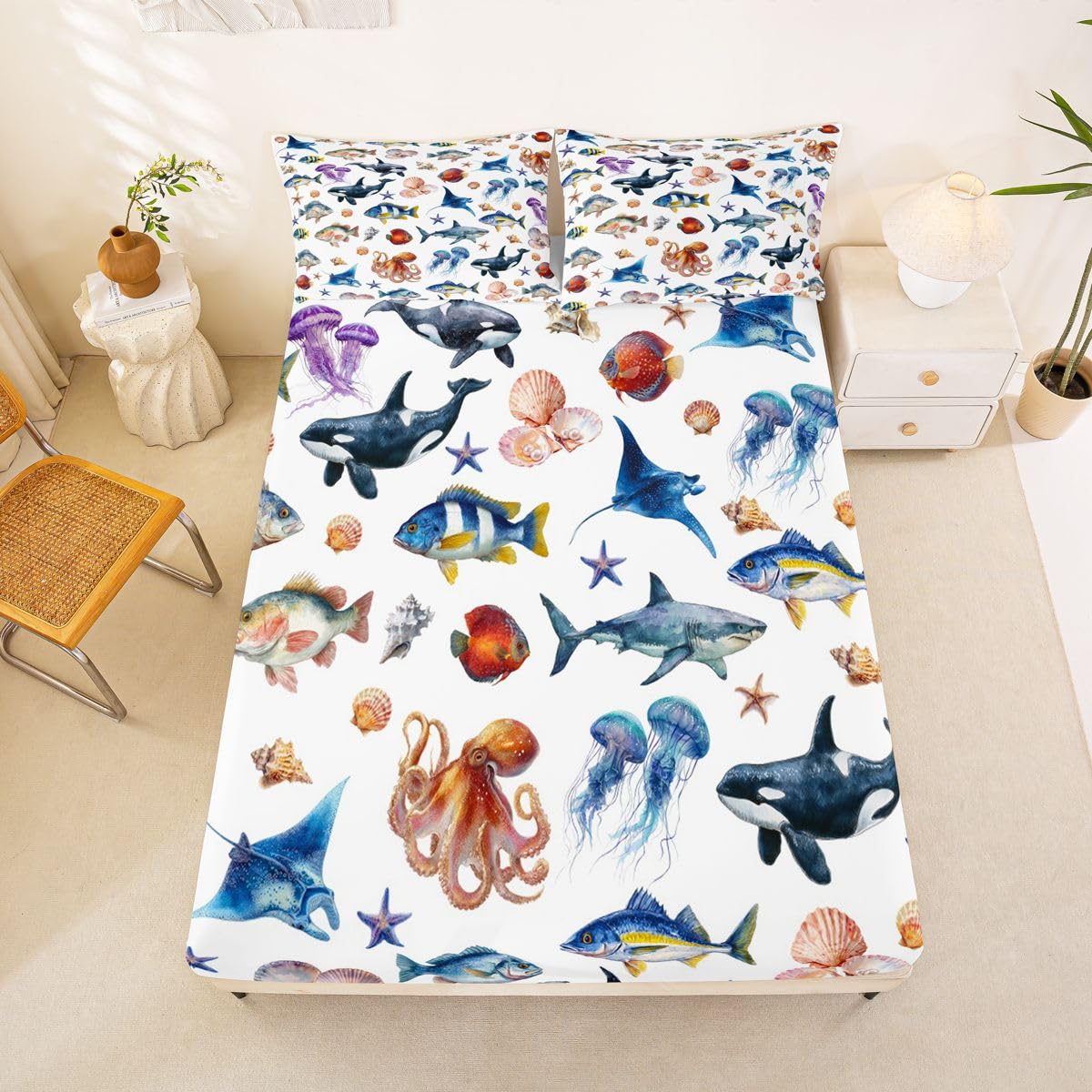 Homewish Ocean zestaw pościeli King Orca wieloryb okonia ryba prześcieradło z gumką meduza ośmiornica prześcieradła dla dzieci nastolatków dziewcząt, nadmorskie życie morskie narzuta na łóżko 3 szt
