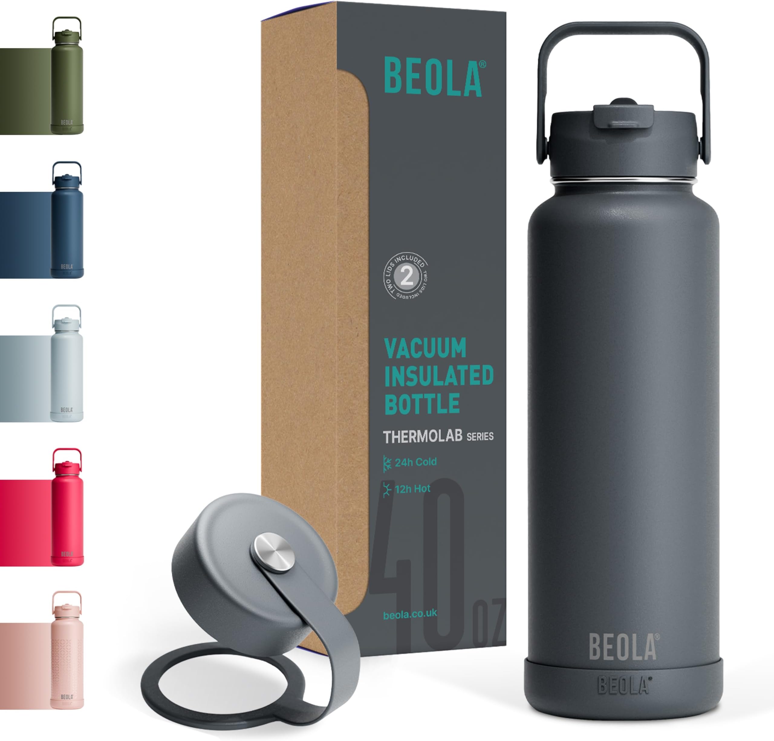 1200ml Water Bottle 18/8 Stainless Steel Double Wall Insulated Thermos Bottle, with Straw Lid and Wide Mouth, 2 lids included, Hot Cold Water Flask Sports Bottle, 40oz (Lava Gray)