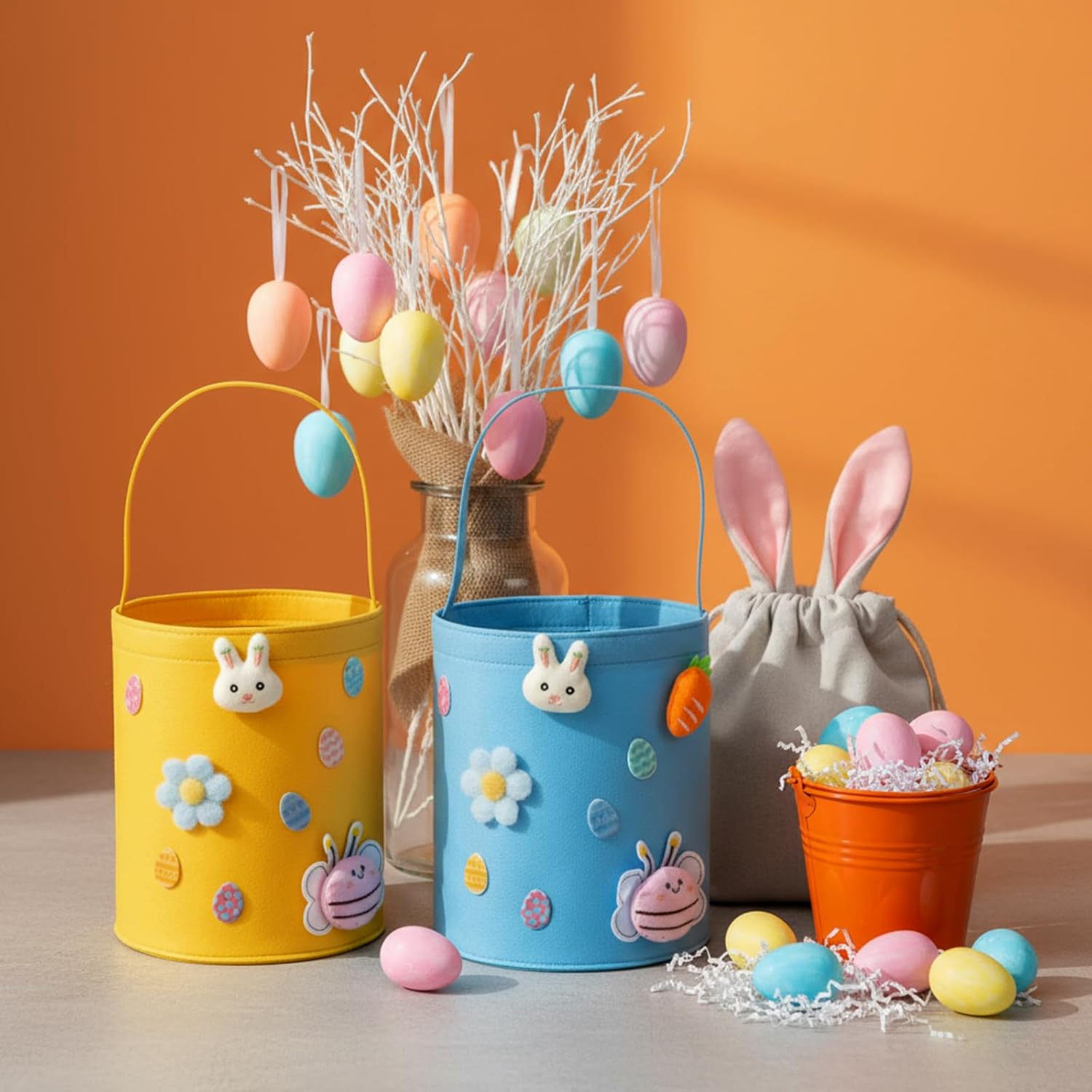 Breling 6 Pcs Large Easter Egg Basket Bulk Easter Bunny Baskets with Handles Reusable Felt Bucket for Candy Gifts Storage Party Favors 10 x 9 x 9 Inch(Pastel)