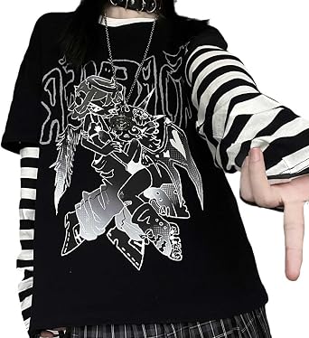 Japanese Punk Striped Padded Sleeve Mock Two Piece Long Sleeve Top for Women Autumn Street Style