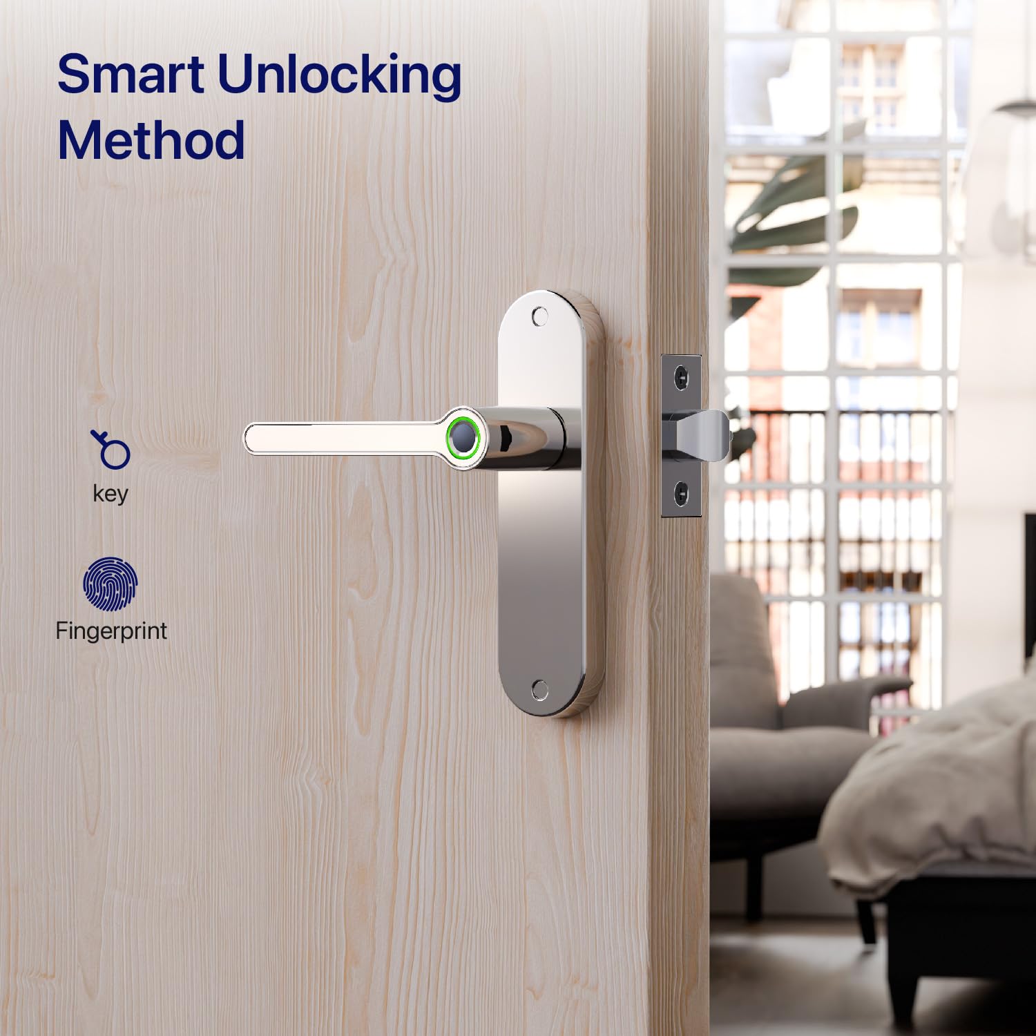 Blusafe Breeze - Pomo de puerta de entrada sin llave con huella dactilar, para el hogar, hotel, oficina, apartamento, dormitorio (placa larga Breeze (cromo satinado)