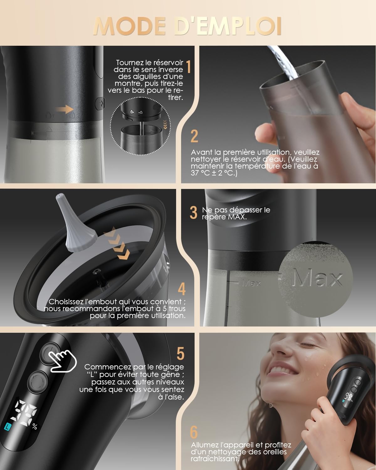 Nettoyage Oreille Electrique, 2 IN 1 Douchette Nettoyeur Oreille éTanche IPX67 2000 Mah, écran LED 3 Modes de Nettoyage et 11 Embouts Auriculaires pour Adultes, Enfants