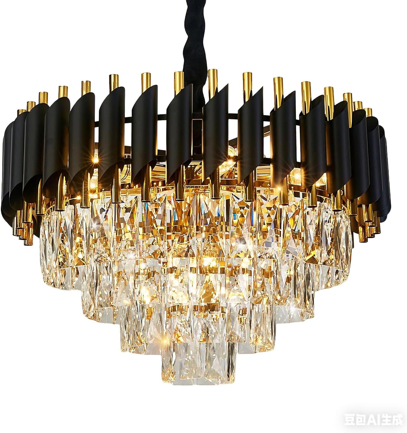 Black Gold Crystal Chandelier Contemporary 20" Modern Living Room Chandeliers K9 Crystal Ceiling Lights Fixtures, Round 4 Tiers Pendant Lighting Black for Entryway Dining Room Staircase