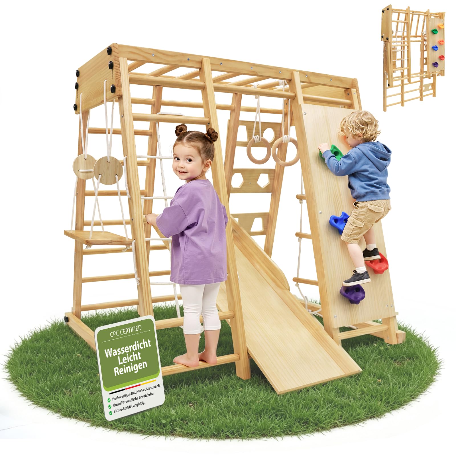 Maxi Aire De Jeux Intérieure 10 En 1 Montessori – Structure Escalade Bois Avec Balançoire, Toboggan, Skateboard, Anneaux, Pour Enfants Actifs
