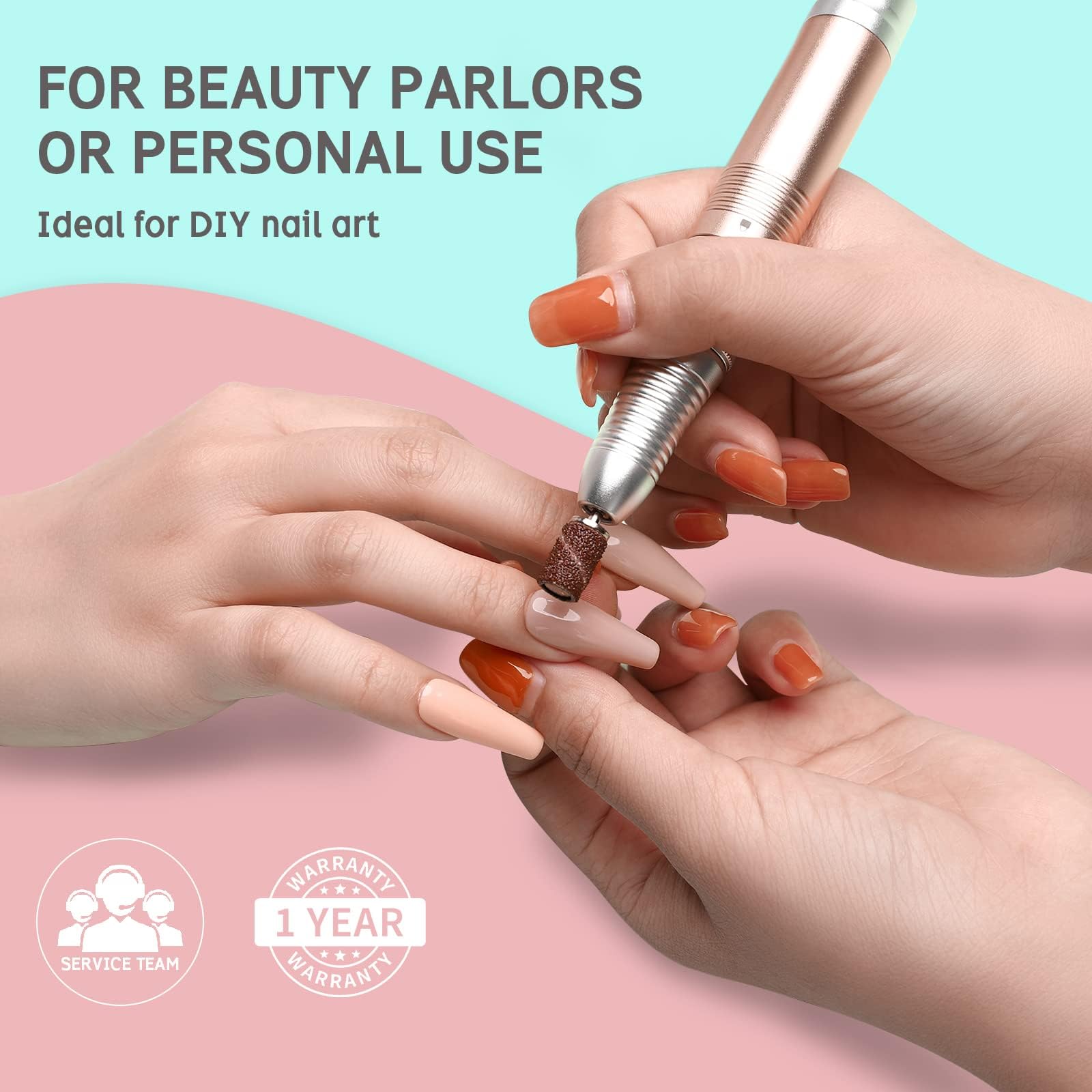 Delanie Torno para Uñas Profesional 35000 rpm Portátil Eléctrico de Gel o Acrilicas con 6 Fresas para Torno Manicura y Pedicura (Rosa Non Recargable)