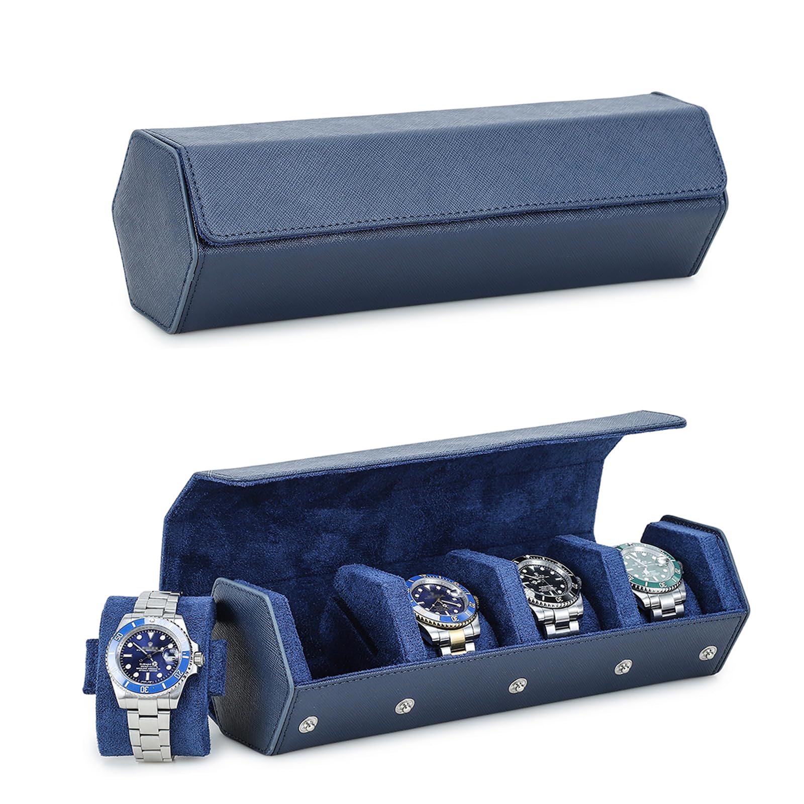 Hiram Boîte à montres Hexagon Cuir véritable Saffiano pour 4 montres, Boîte à montres en cuir avec 4 emplacements pour montres - Organisateur de rangement et présentoir pour hommes (Bleu)