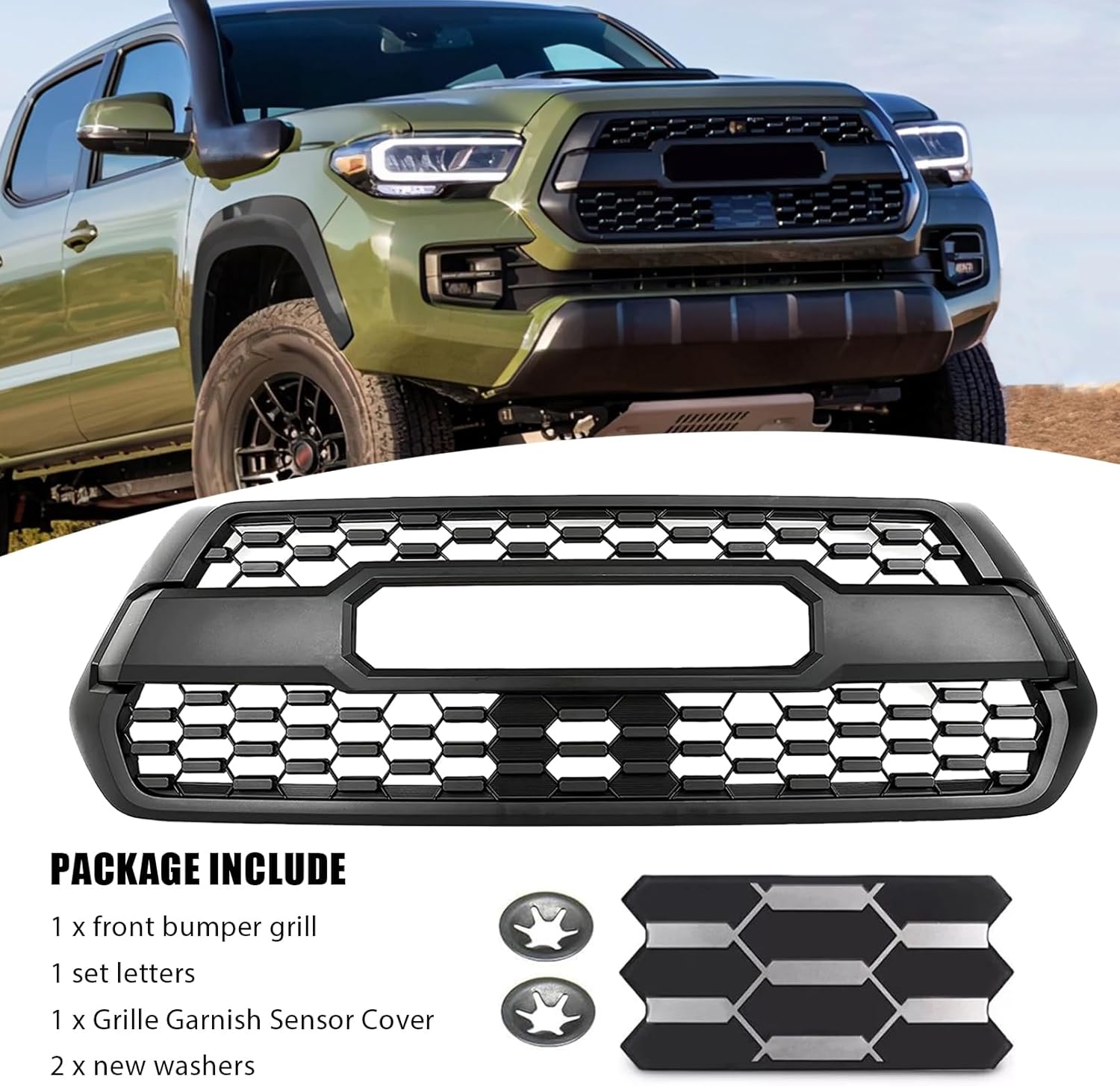 Bewild For Tacoma Front Bumper Grille With Accessories Fit For 2016-2022 Toyota Tacoma Front Hood Grill Replacement (Grille+Sensor Cover)