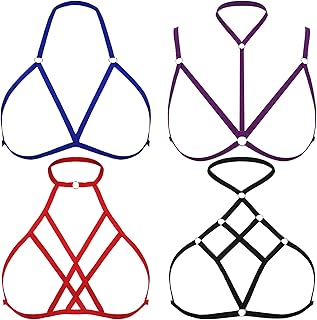 SATINIOR 4 Pieces Women Harness Strappy Hollow Out Cross Elastic Cage Bra Cupless Bra Body Lingerie for Ladies