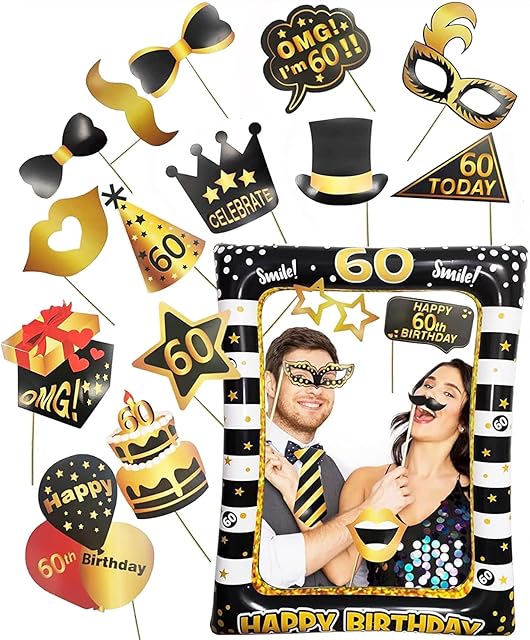 60th Birthday Photo Booth Props, LMSHOWOWO Inflatable Photo Booth Frame, Giant Black Gold Inflatable Selfie Frame, Birthday Party Photo Props, for Women Men Birthday Party Decorations, Random Style