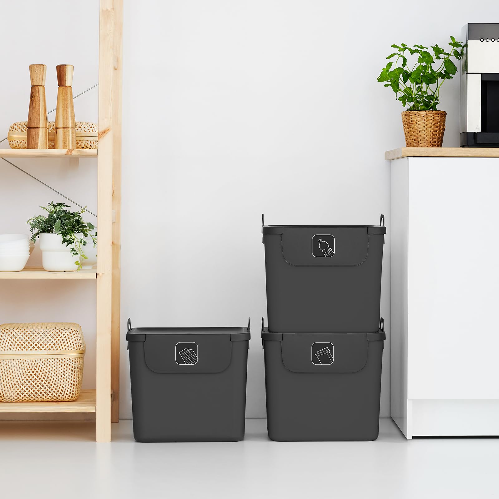Jive Rotho Recycling Müllsystem anthrazit Set 3 poubelles de tri 30l plastique PP recyclé gris foncé