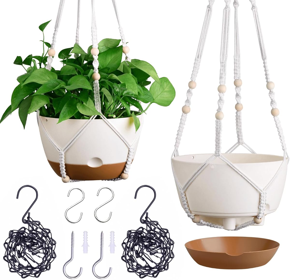 Montresor Juego de maceteros colgantes de 2 a 8 pulgadas para plantas de interior con riego automático, incluye macetas colgantes para plantas, maceta para exteriores con drenaje y 2 tipos de cestas colgantes (blanco)