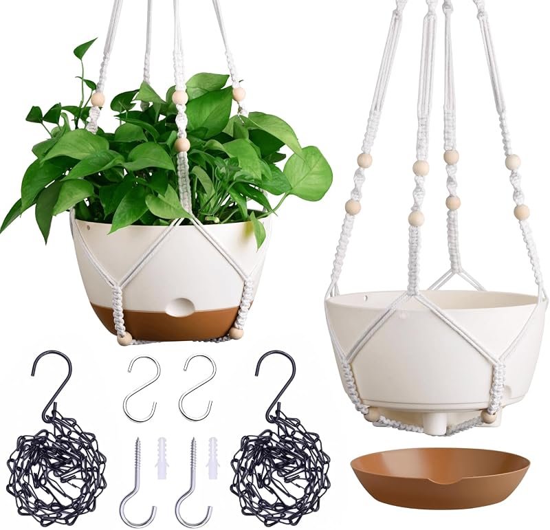 Montresor Juego de maceteros colgantes de 2 a 8 pulgadas para plantas de interior con riego automático, incluye macetas colgantes para plantas, maceta para exteriores con drenaje y 2 tipos de cestas colgantes (blanco)