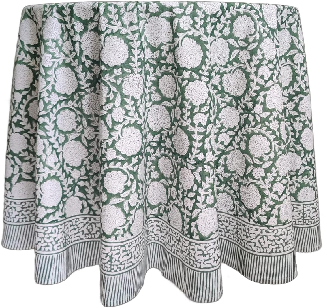 ATOSII Shalimar Green 100% Cotton Round Boho Fall Tablecloth, Handblock Floral Table Cloth Linen for Kitchen Dining I Parties Wedding Outdoors Christmas Thanksgiving I Fall Home Decor 90" Inches Round