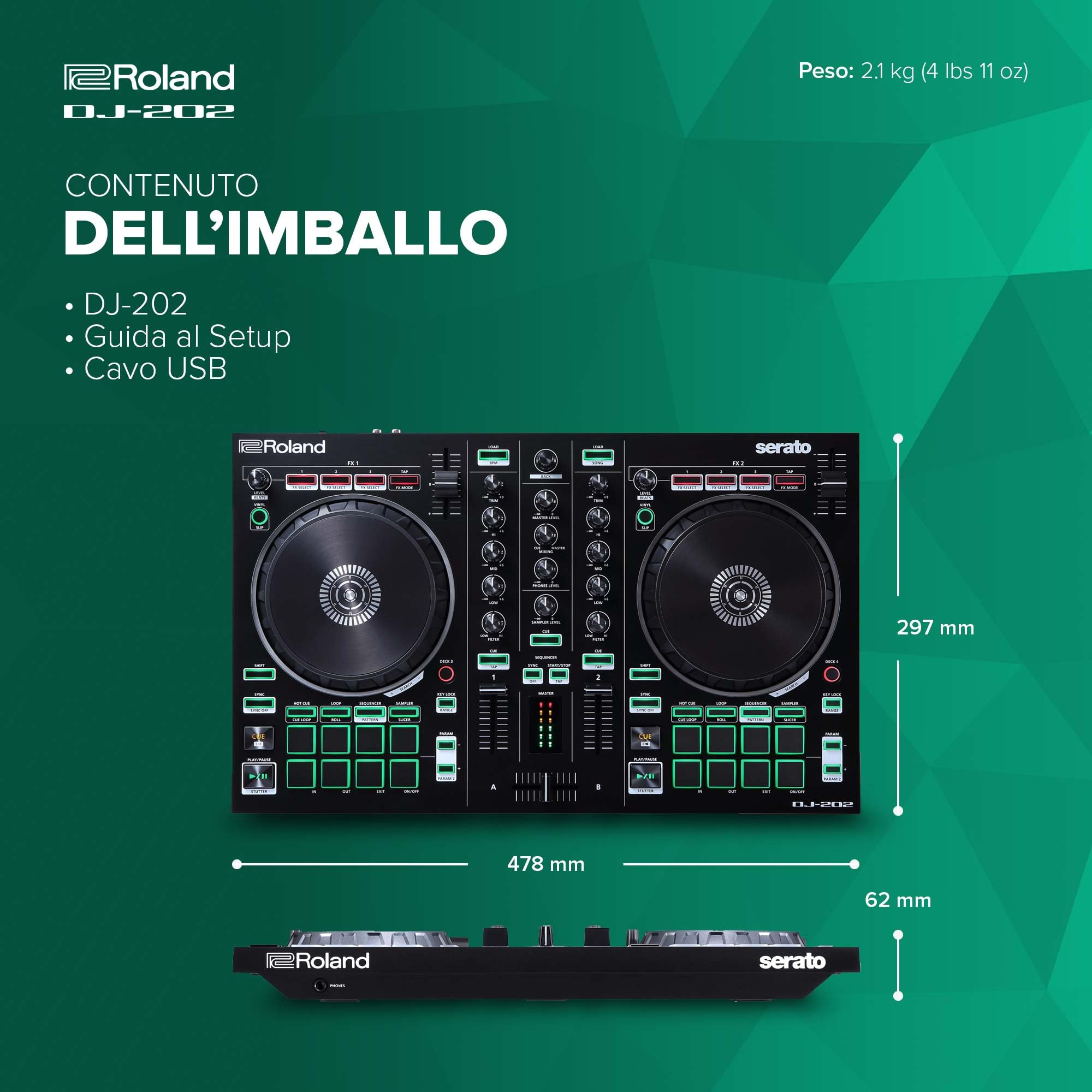 Roland DJ-202 DJ controller 2 canali 4 deck Serato DJ Lite grandi piatti bassa latenza