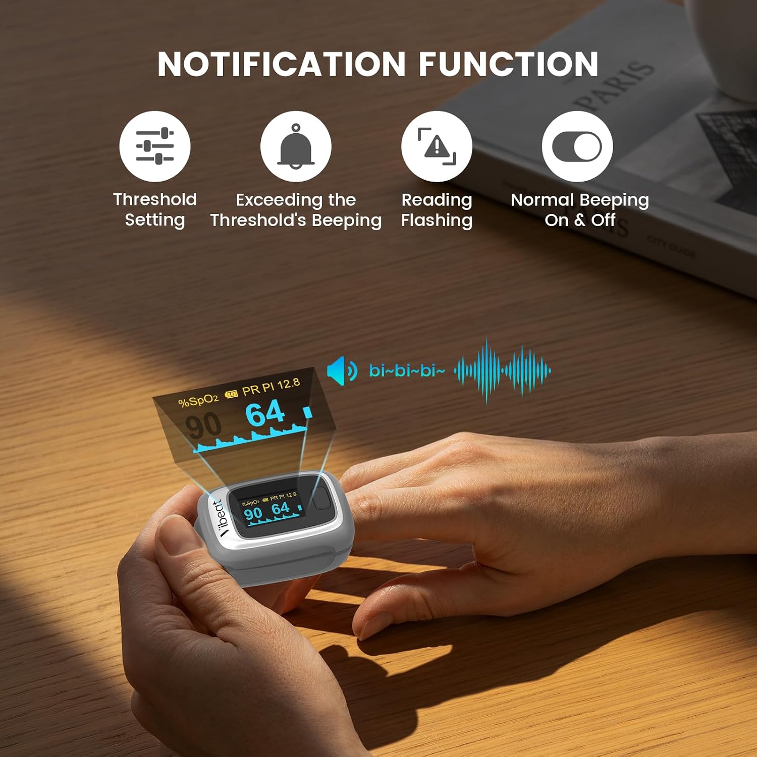 Vibeat Pulse Oximeter demonstrating notification function with threshold settings and beeping alert