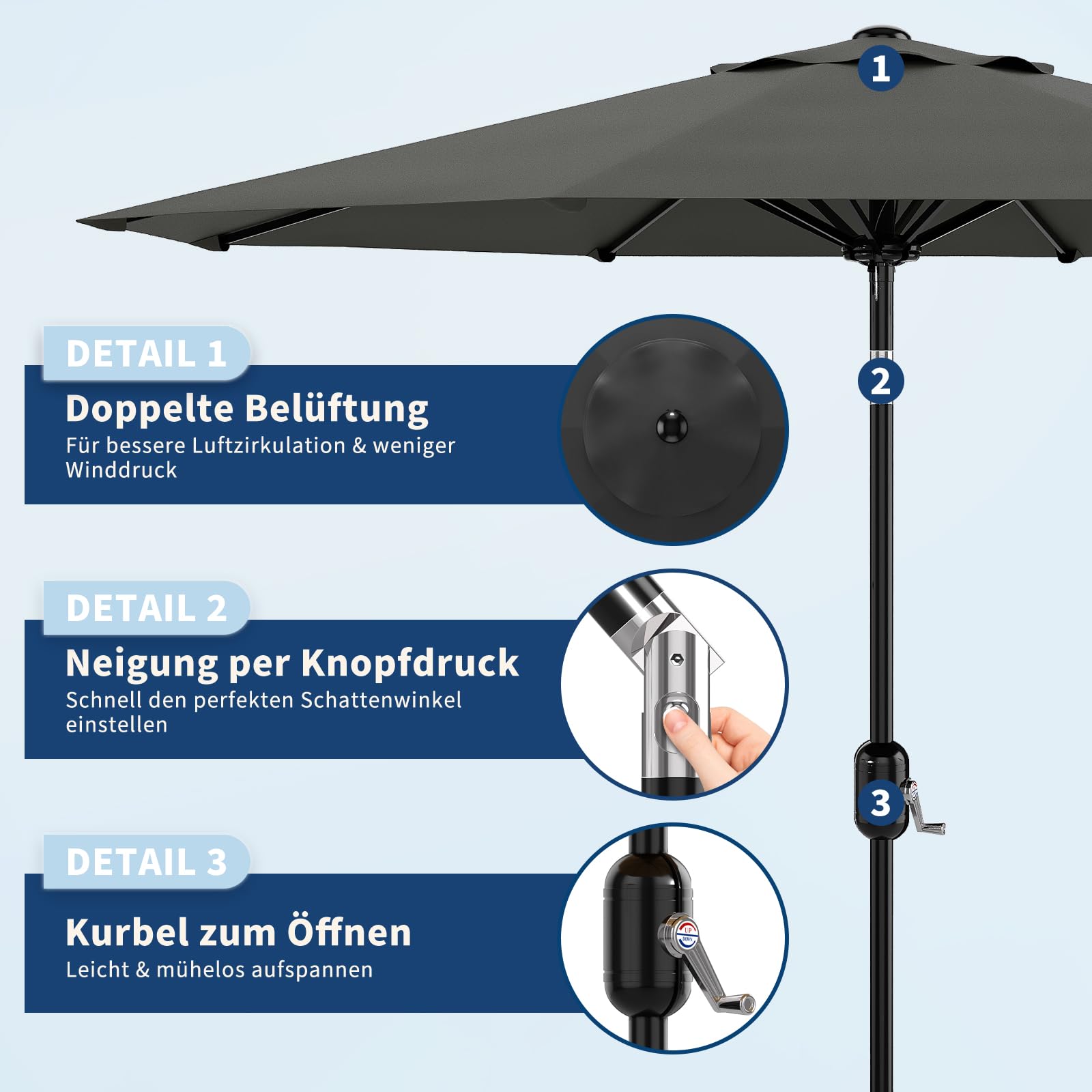 Sonnenschirm 270 cm mit Kurbelbedienung & Neigefunktion, UV50+ wasserabweisend, robuster Gartenschirm mit 8 Rippen für Garten, Terrasse, Balkon & Pool