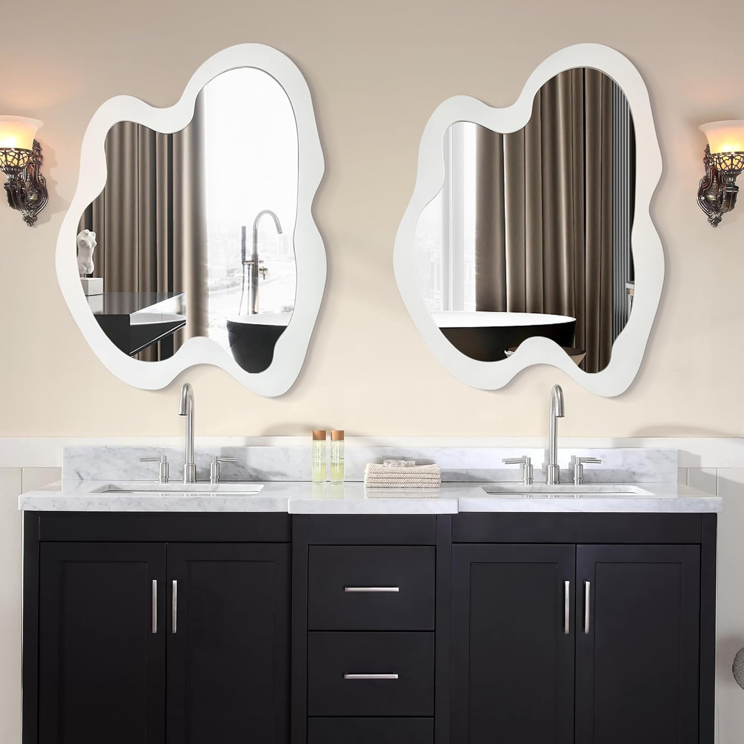 28"x 36" Asymmetrical Wall Mirror, White Irregular Wall Mirror with Wood Framed, Modern Unique Accent Mirror, Decorative Mirror for Bathroom, Bedroom, Living Room, Entryway, Hall
