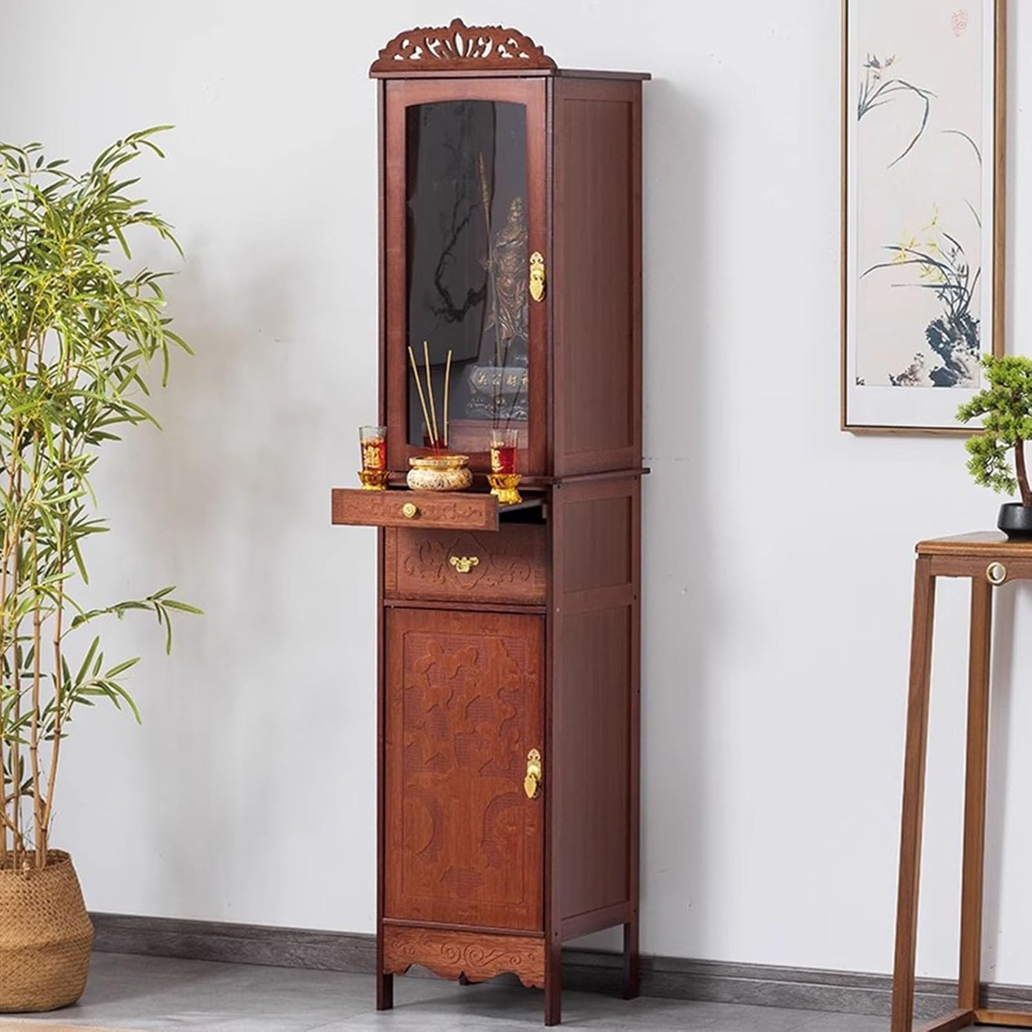 Bamboo Personal Shrine Altar Cabinet with Storage,Prayer Meditation Table with Drawer,Chinese Cabinet Pedestal Offering Table for Home Family or Temple Display(36cm/14.2in)