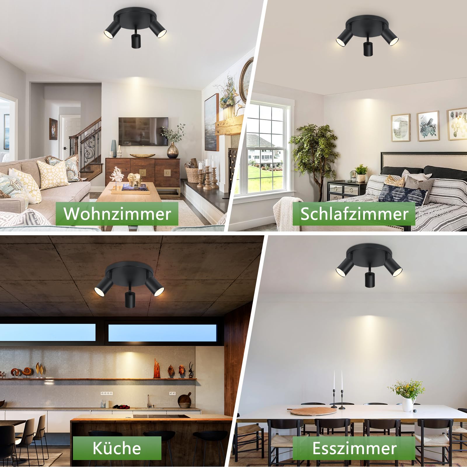 ZMH lampa sufitowa czarny spot sufitowy okrągły - lampa sufitowa GU10 z 3 płomieniami nowoczesne spoty sufitowe metalowa lampa kuchenna Swivel Design reflektor do salonu sypialnia kuchnia przedpokój
