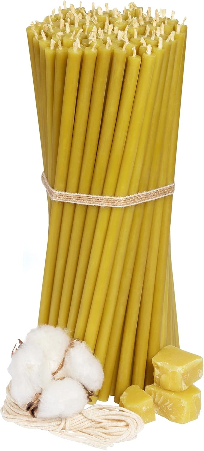 Church Beeswax Candles - Amber 100 pcs. I high Quality Ritual Candles L-8.10 in, Ø-0.26 in I 80 min Burning time of Honey Yellow Color I of Thin drip- and smokeless Candles