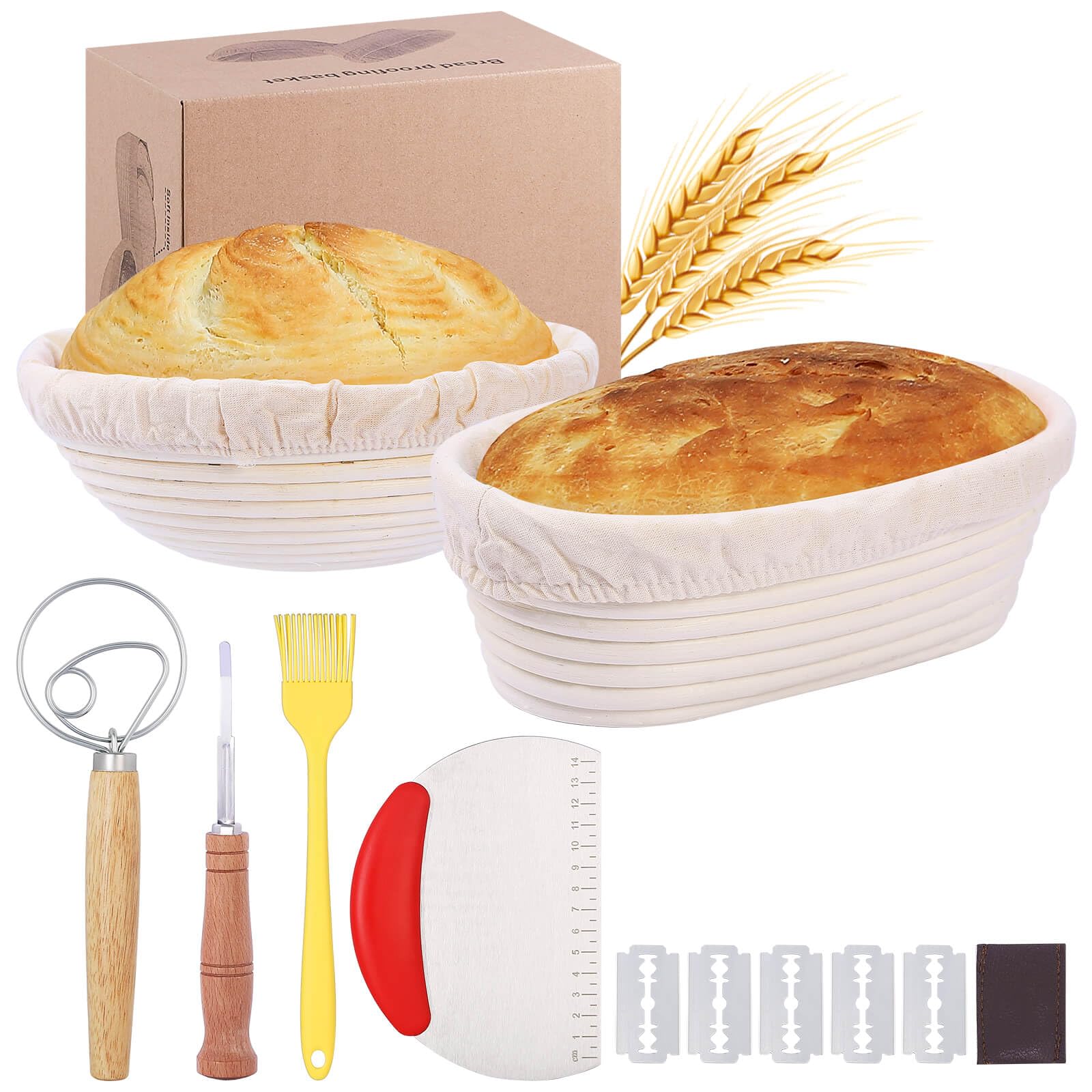 Banneton Bread Proofing Basket, Sourdough Bread Baking Supplies, Round Oval Rattan Rising Proofing Baskets Bowls Set of 2, Artisan Sourdough Bread Gifts for Home Bakers