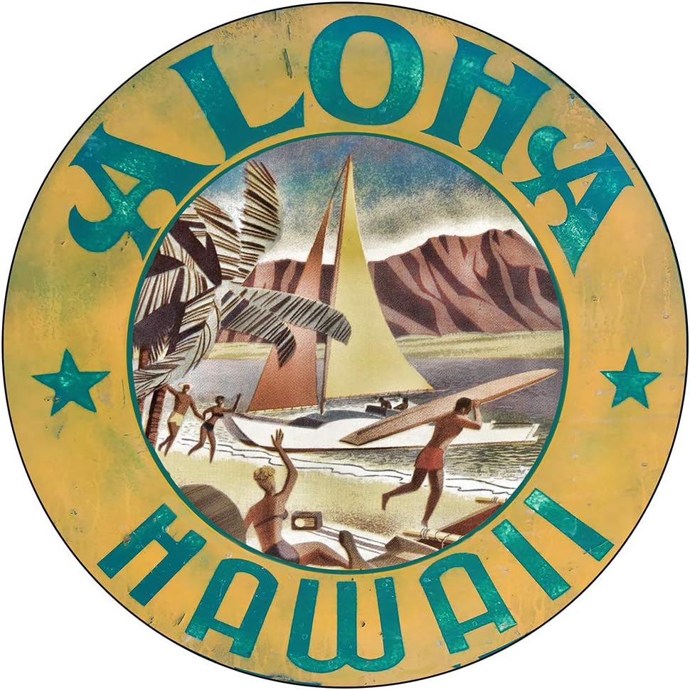 Letrero de metal vintage de reproducción de letreros de metal redondo para garaje y hogar, 11.75 pulgadas de diámetro – Aloha Hawaii con veleros