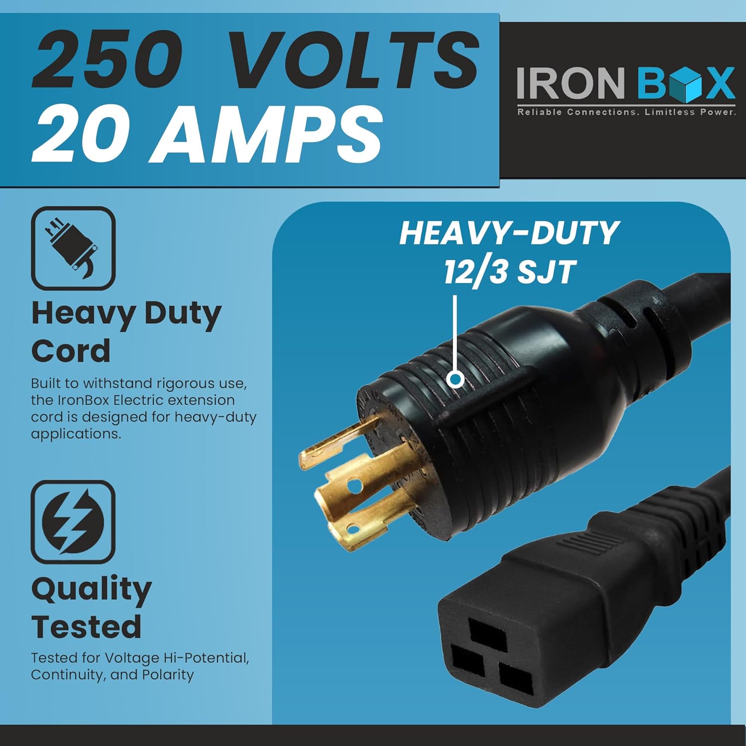 IronBox Electric NEMA L6-30P to C19 Power Cord - 20Amp, 250V, 12/3 SJT - UL Listed Heavy Duty Power Extension Cable for Generator, Data Centers, Outdoor Use, High-Powered Applications & More (12 ft)