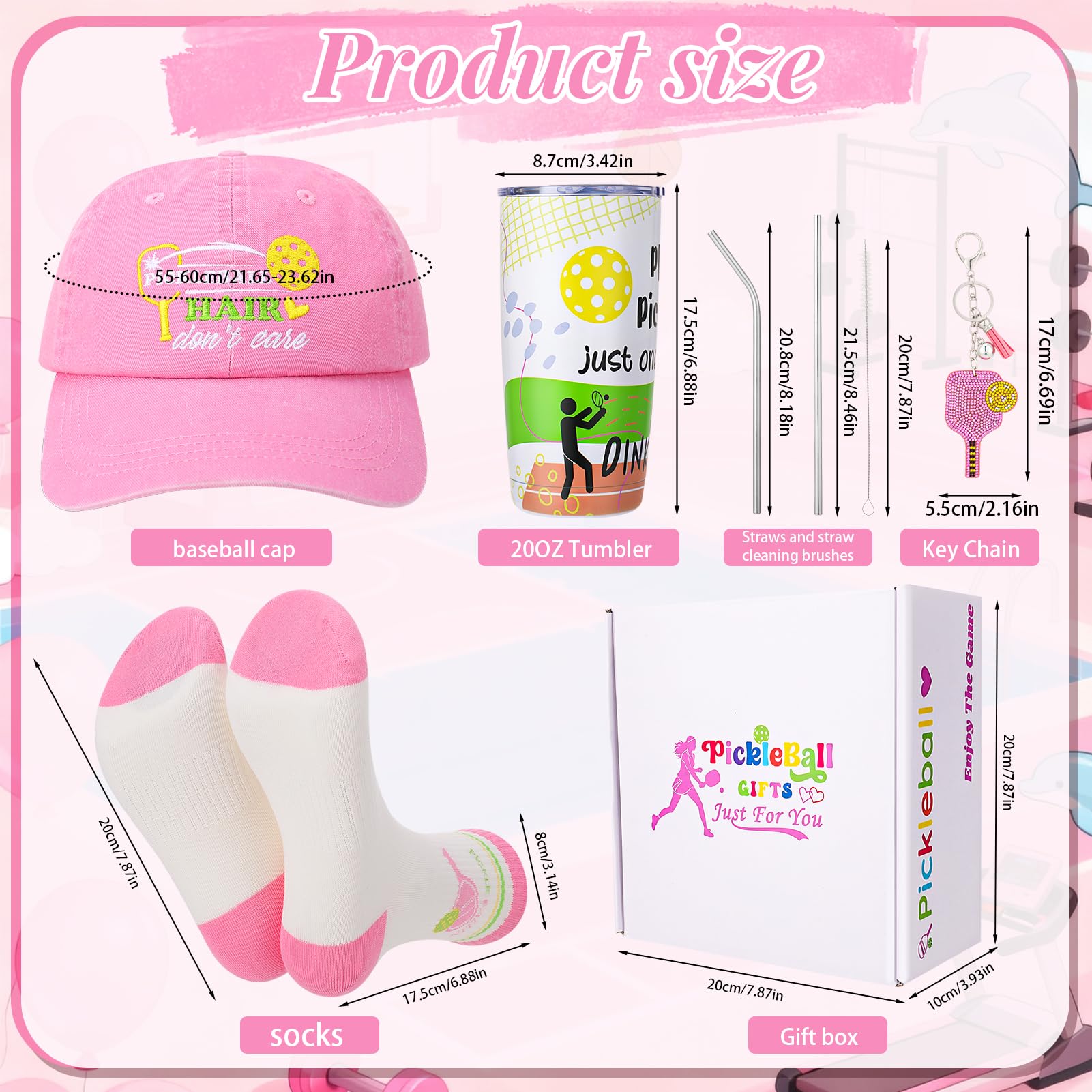 Pickleball Hat for Women, Pickleball Accessories with Cotton Baseball Cap Socks Stainless Steel Tumbler for Birthday Christmas Pink