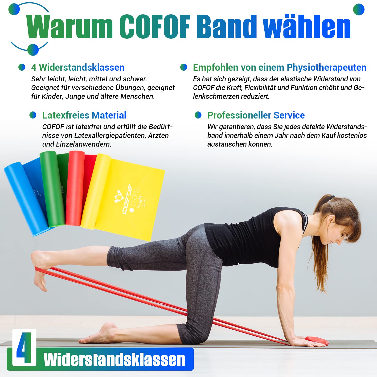 COFOF Bande Elastiche Fitness, [4 pezzi] Fasce Elastiche Fitness con 4 livelli di Resistenza, dodati di una borsa per il trasporto e istruzioni per gli esercizi, ideali per Yoga, Pilates, Fisioterapia