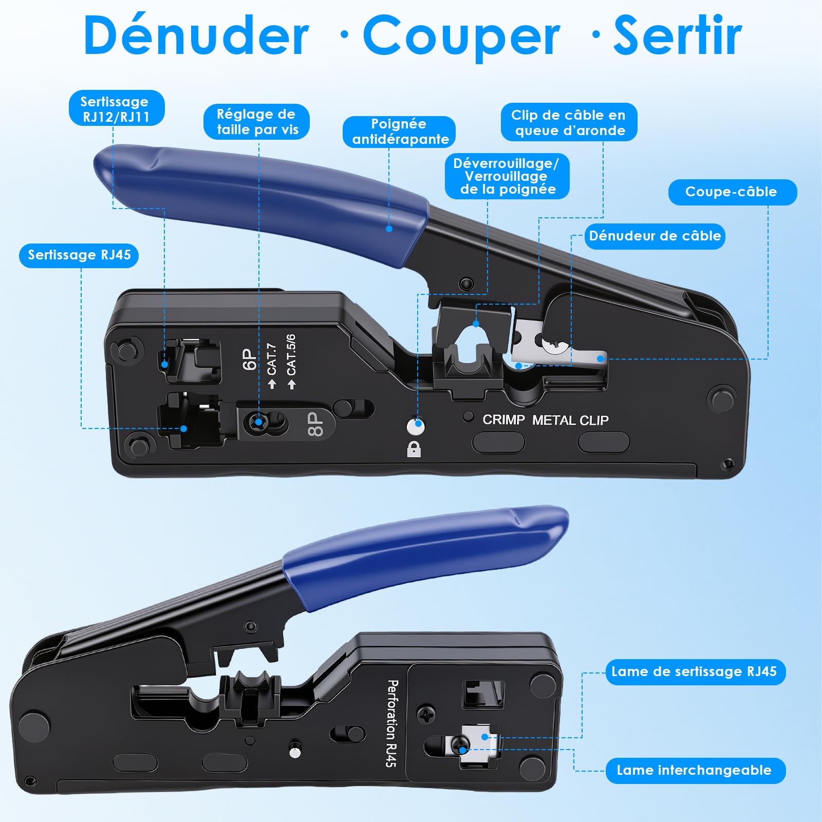 RJ45 Network Tool Kit, Sertisseuse Pass Through pour Cat7 Cat6 Cat5, Testeur de Câbles LAN, Outil LSA, 10 x RJ45 Plug, 4 x Sans Outil Prise Cat7, Pour RJ11 RJ12